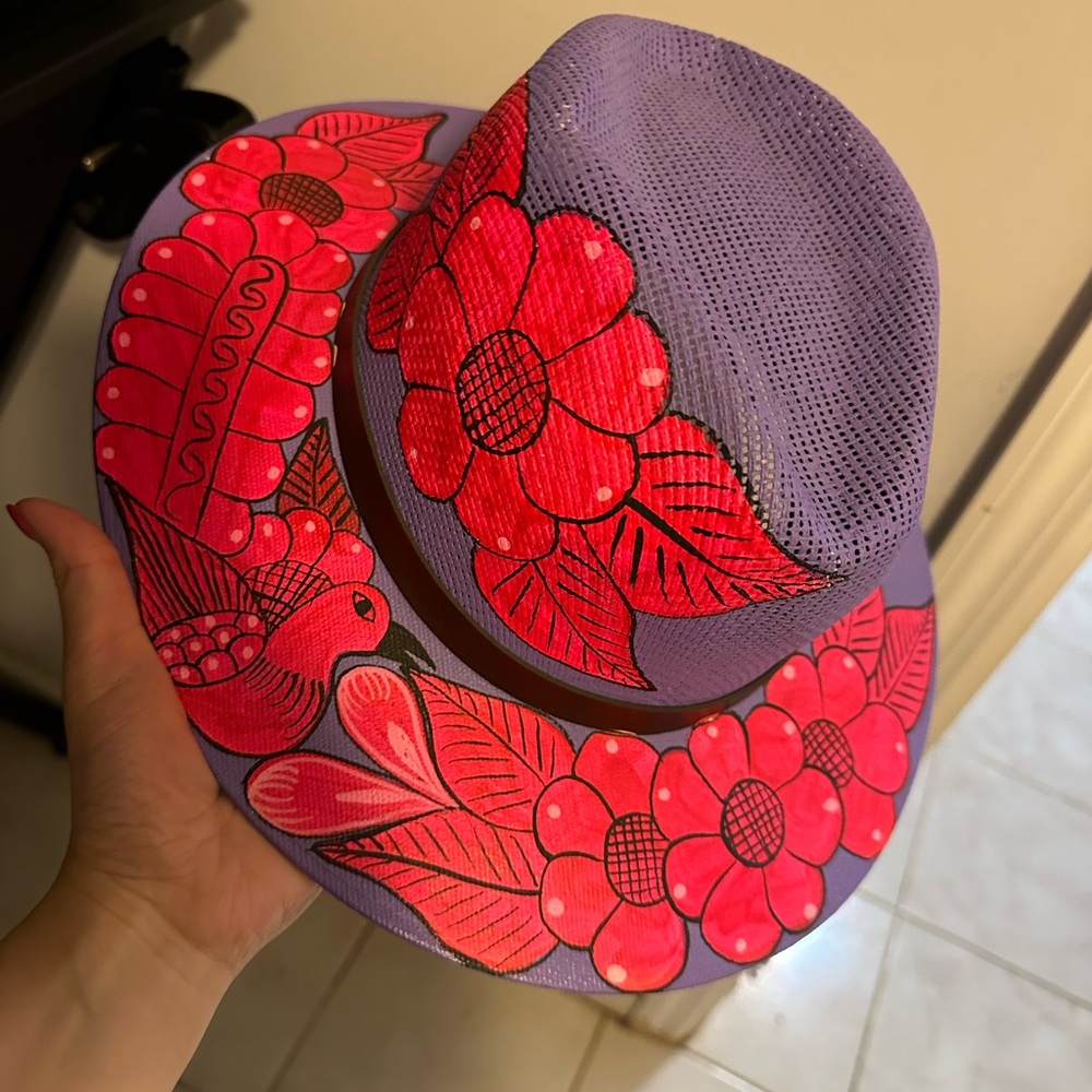 Artistic Purple Hat with Red Floral Design